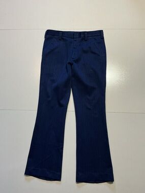 Vintage 70s Blue Black Stripe Polyester Flare Disco Mod Leisure Dress Pants